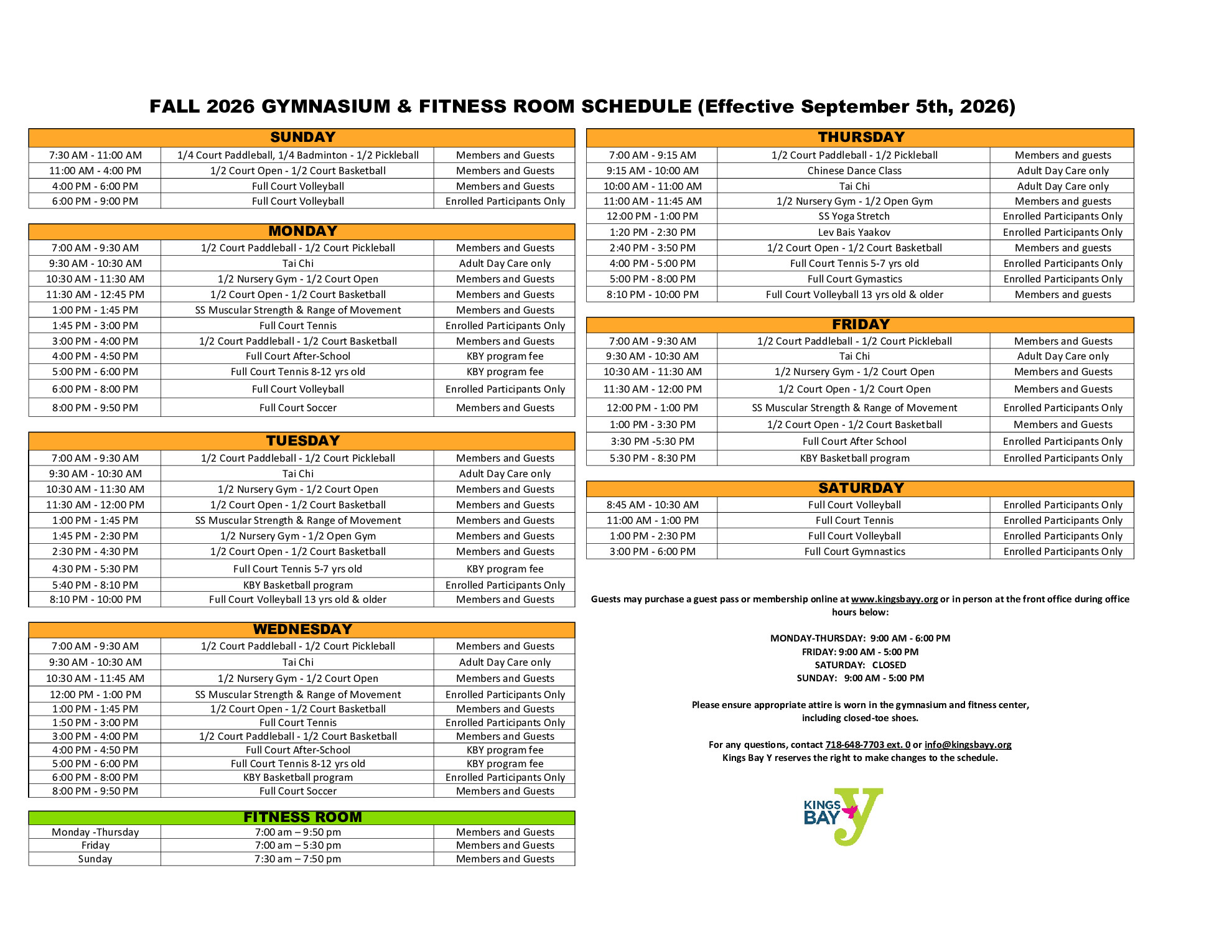 Fall 2026 Gymnasium and Fitness Room Schedule